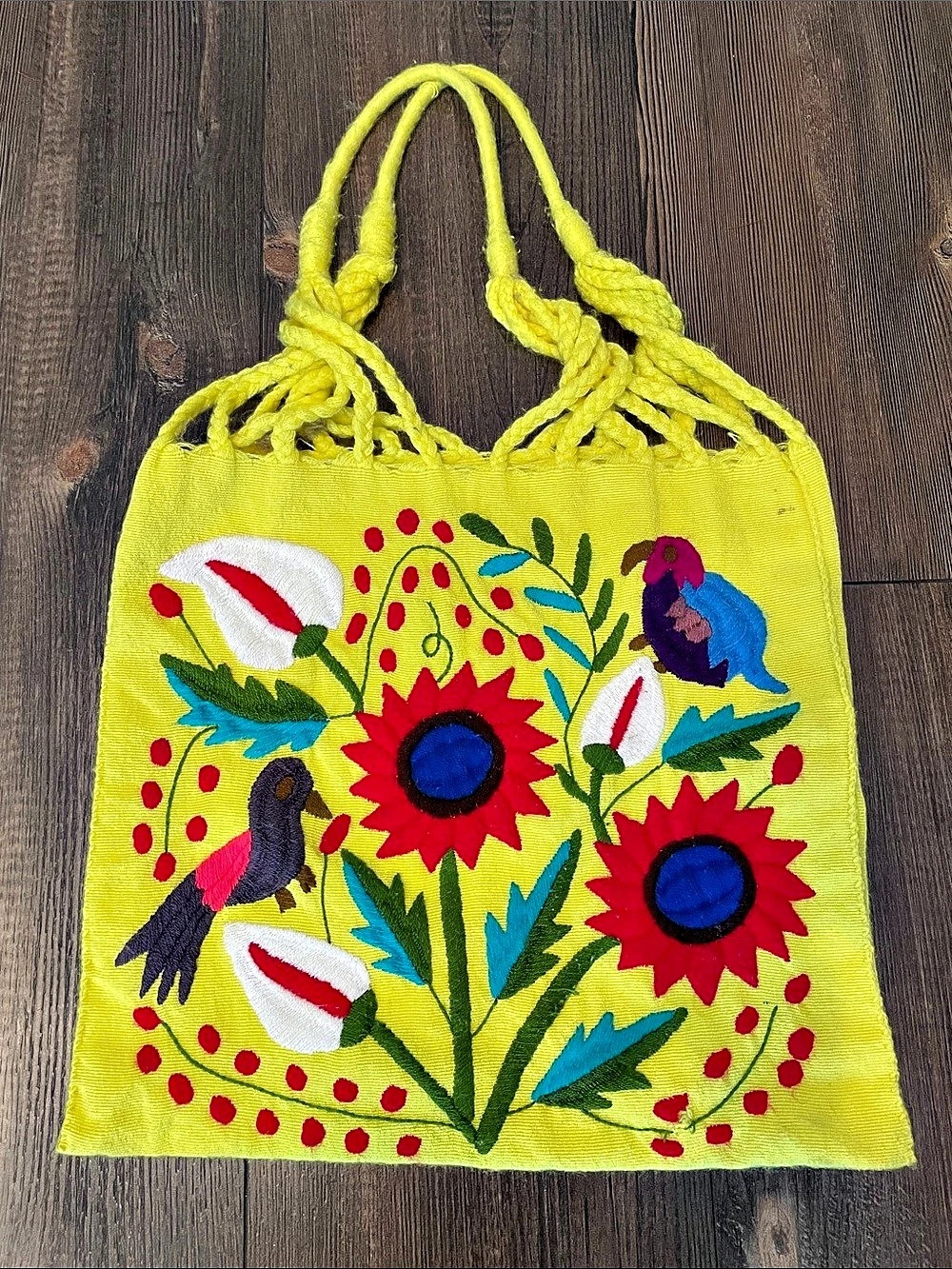 Vintage Artisanal Chiapas Mexican Woven Shoulder Bag Flower Bird Boho Tote